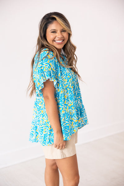 Blue & Yellow Floral Babydoll Top