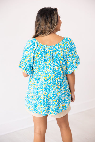 Blue & Yellow Floral Babydoll Top