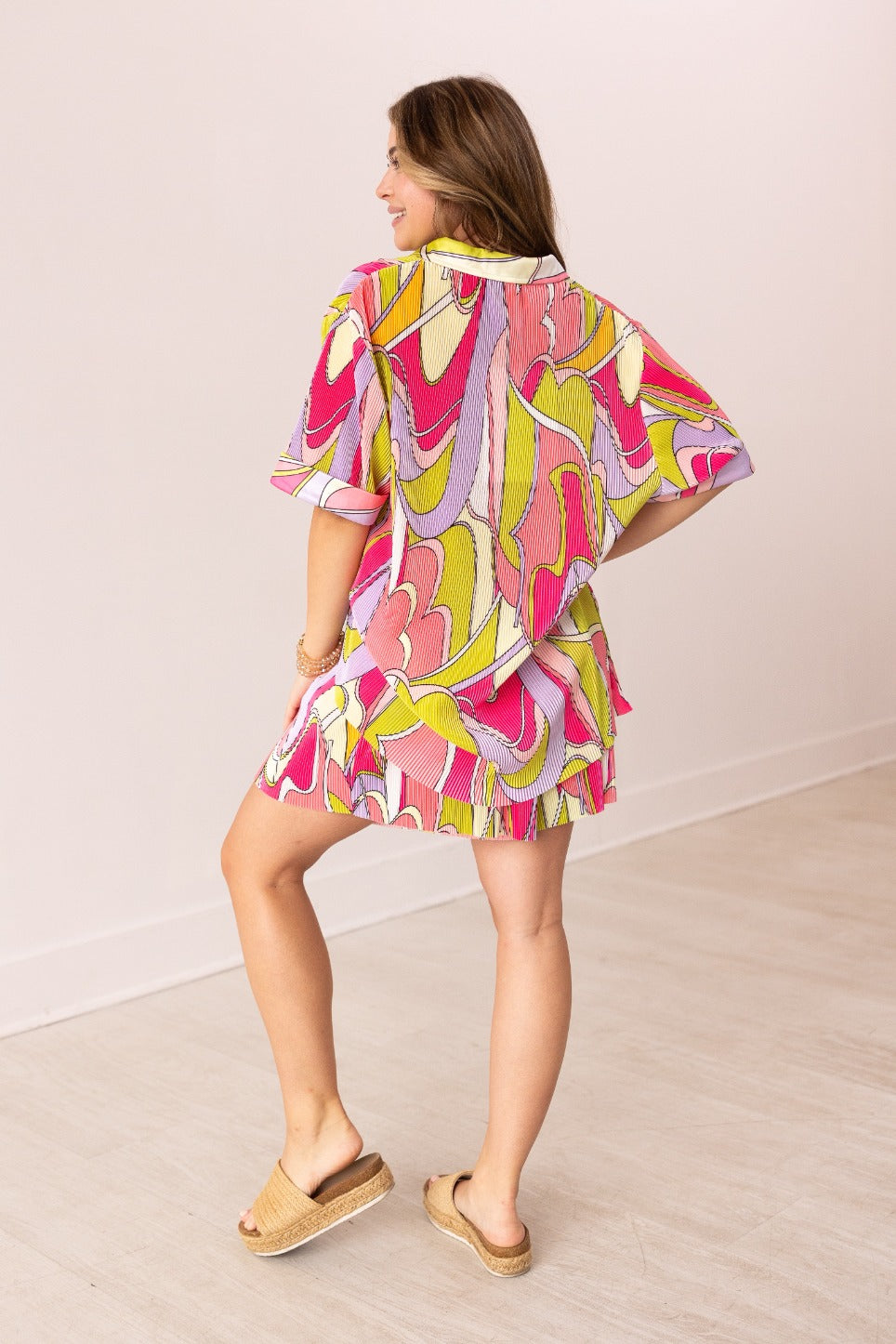 Pleated Abstract Print Button-Up