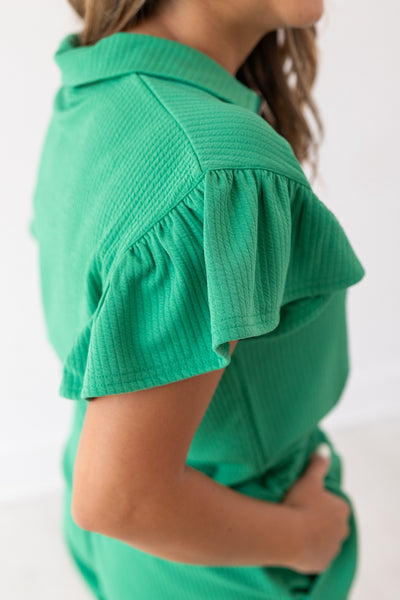 Kelly Green Quarter Zip with Flutter Sleeves