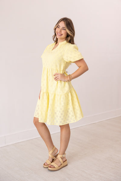 V-Neck Checkered Dress, Yellow