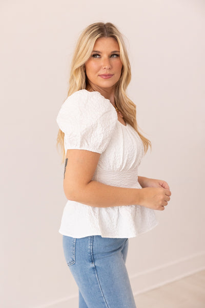 Jacquard Babydoll Top, White