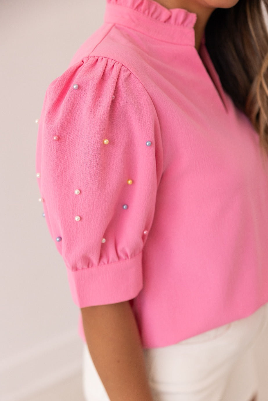 Pink Puff Sleeve Top With Pearl