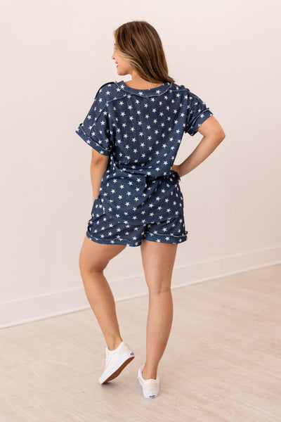 Navy Stars Waffle Knit Shorts