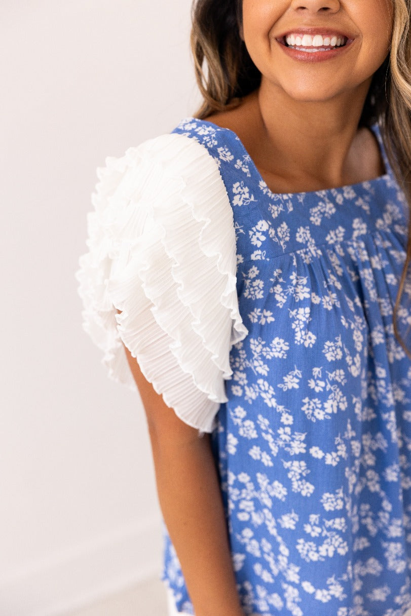 Blue Floral Blouse Ruffle Sleeve