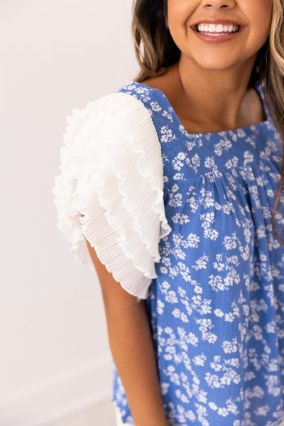 Blue Floral Blouse Ruffle Sleeve