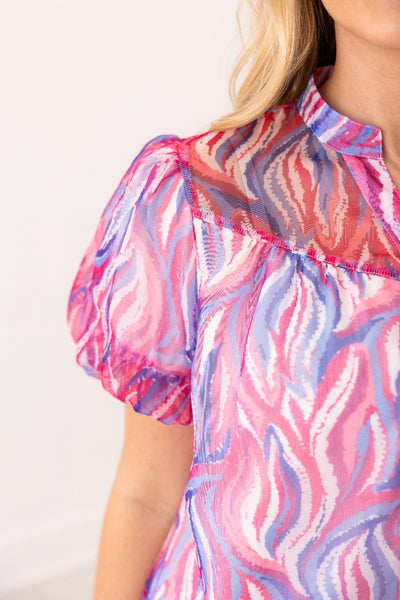 Abstract Stripe Puff Sleeve Blouse