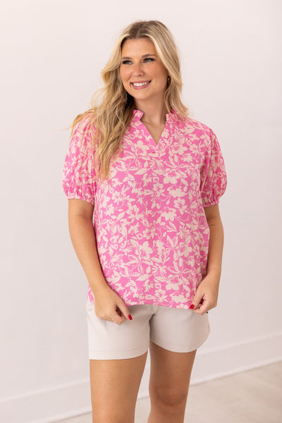 Pink Floral Puff Sleeve Blouse