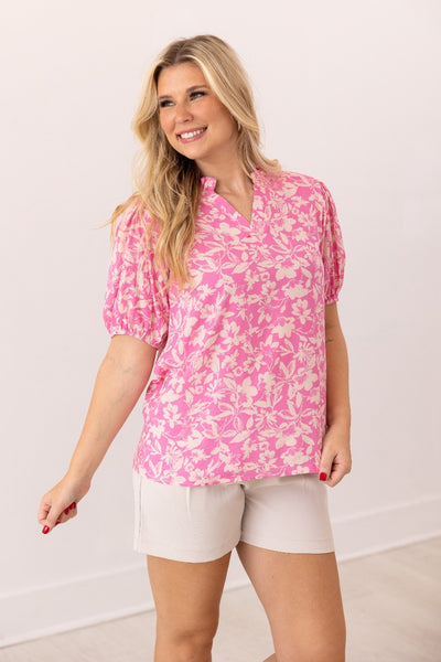 Pink Floral Puff Sleeve Blouse