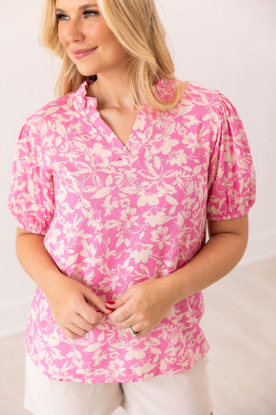 Pink Floral Puff Sleeve Blouse