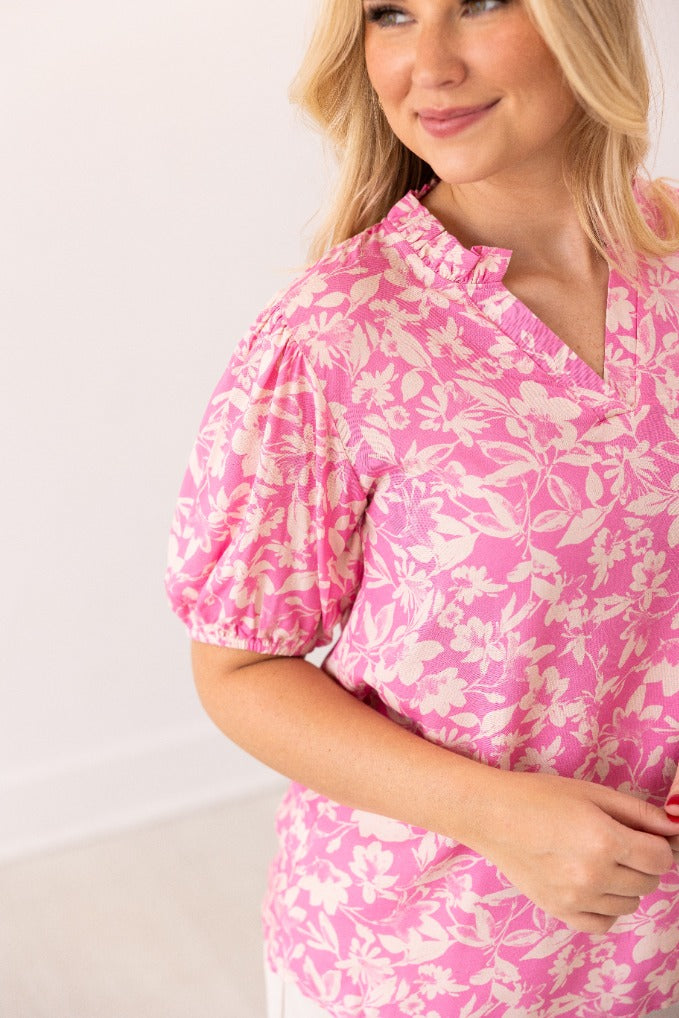 Pink Floral Puff Sleeve Blouse