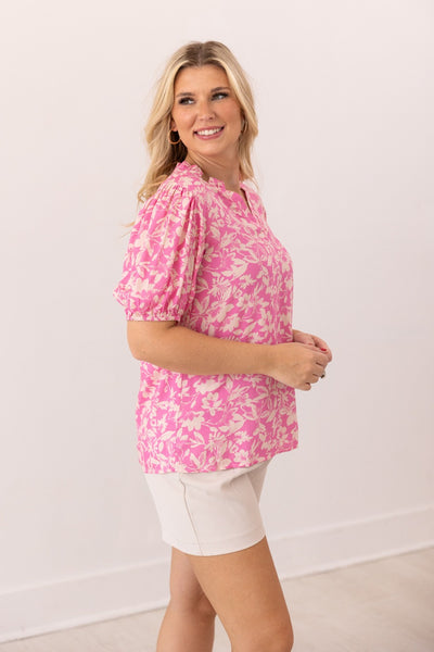 Pink Floral Puff Sleeve Blouse