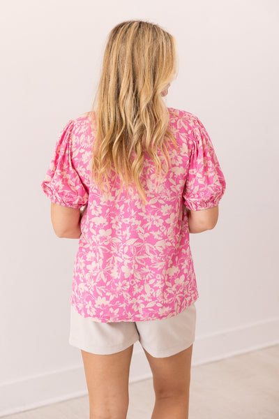 Pink Floral Puff Sleeve Blouse