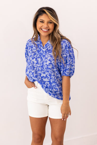 Blue Floral Puff Sleeve Blouse