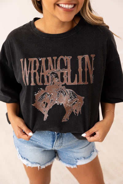 Wranglin' on Black Tee