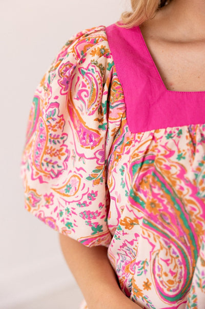 Pink Paisley Puff Sleeve Blouse