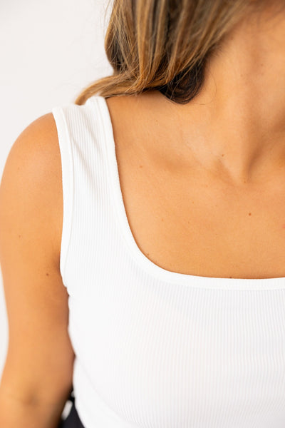 Bella Square Neck Rib Knit Tank Top, White