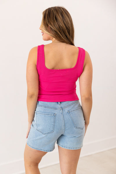 Bella Square Neck Rib Knit Tank Top, Pink