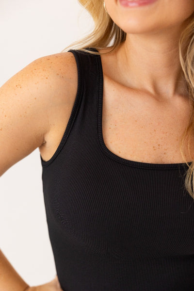 Bella Square Neck Rib Knit Tank Top Black