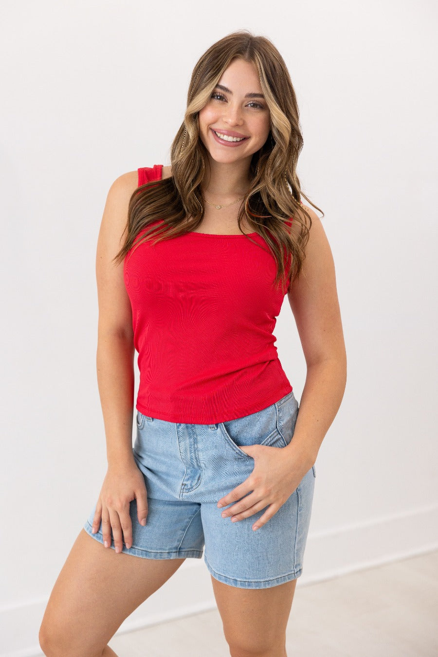 Bella Square Neck Rib Knit Tank Top, Red