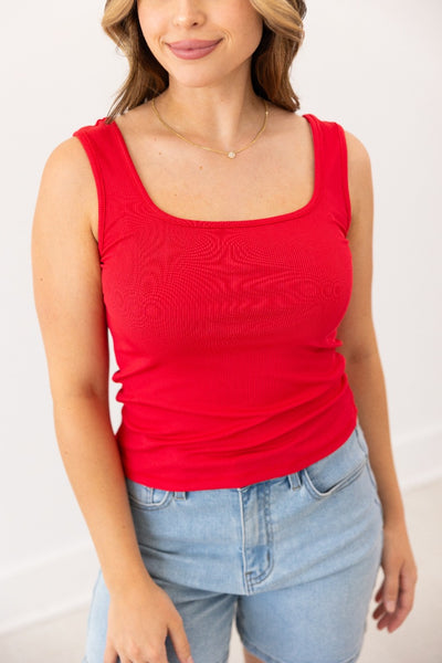 Bella Square Neck Rib Knit Tank Top, Red