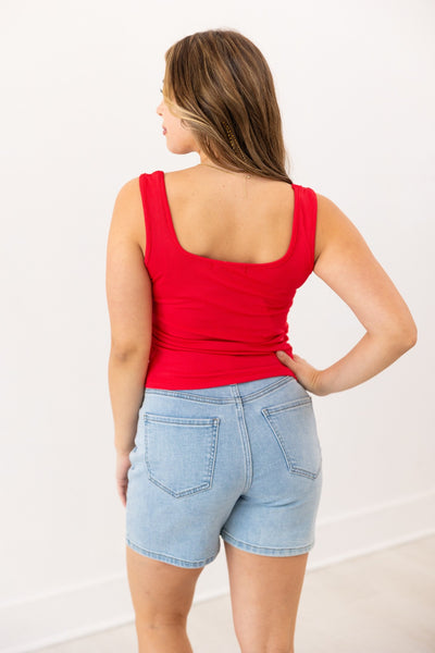 Bella Square Neck Rib Knit Tank Top, Red