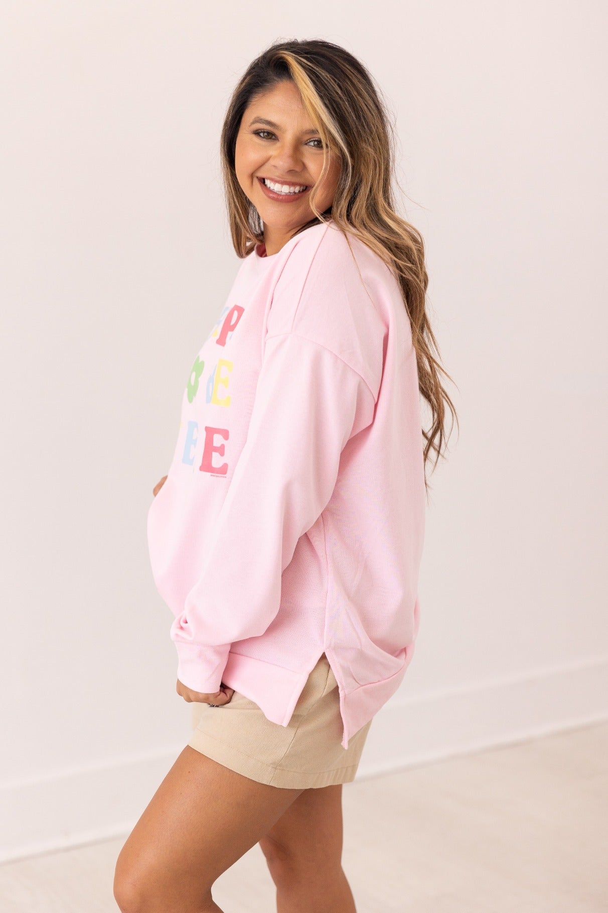 Happy To Be Here On Pink French Terry Sweatshirt
