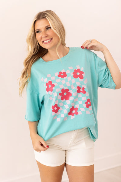 Checkered Flowers On Turquoise Relaxed Fit Tee