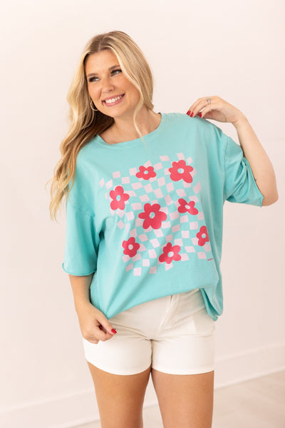 Checkered Flowers On Turquoise Relaxed Fit Tee