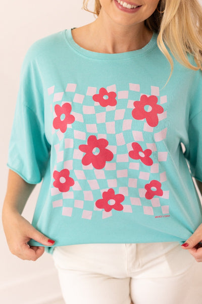 Checkered Flowers On Turquoise Relaxed Fit Tee