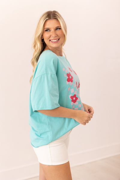 Checkered Flowers On Turquoise Relaxed Fit Tee