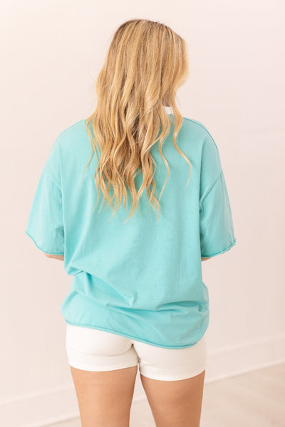 Checkered Flowers On Turquoise Relaxed Fit Tee