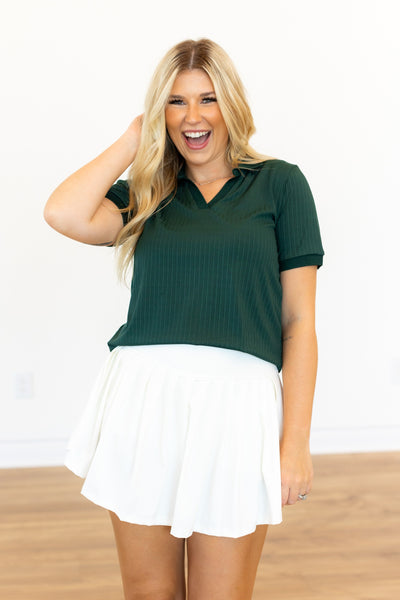 Rib Knit Polo Top, Hunter Green