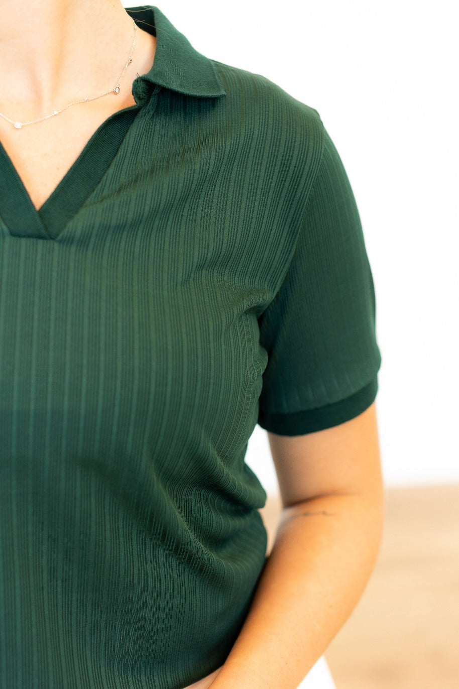 Rib Knit Polo Top, Hunter Green