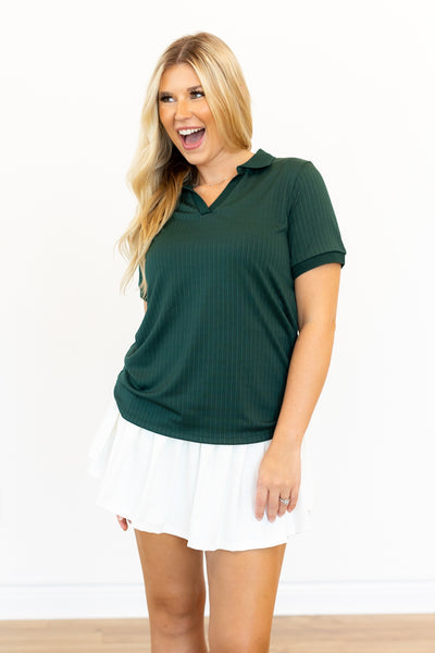 Rib Knit Polo Top, Hunter Green