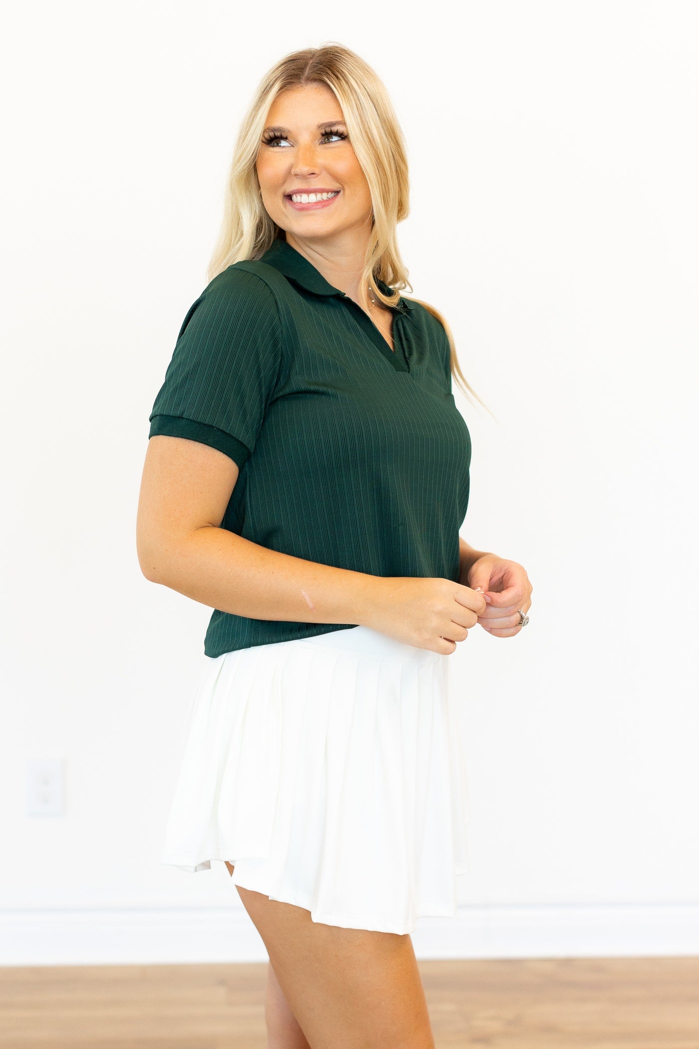 Rib Knit Polo Top, Hunter Green