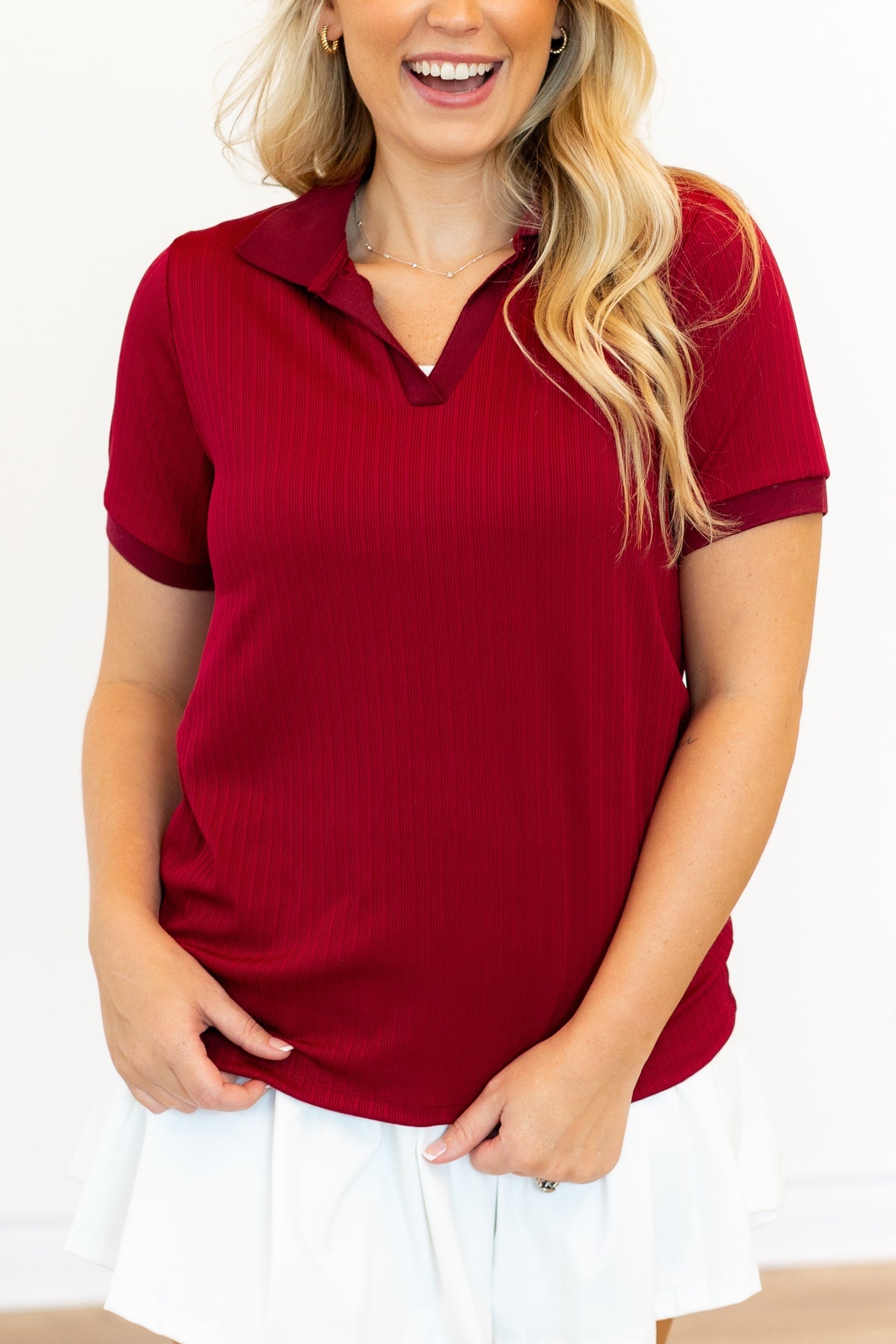 Rib Knit Polo Top, Maroon