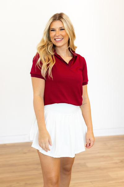 Rib Knit Polo Top, Maroon