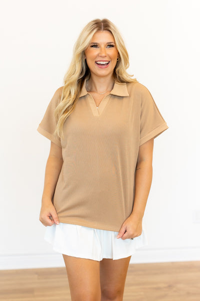 Textured Polo Top, Tan