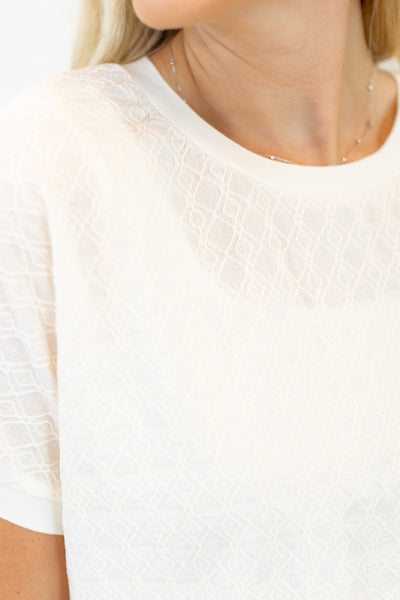 Textured Fabric Crew Neck Top, Ivory