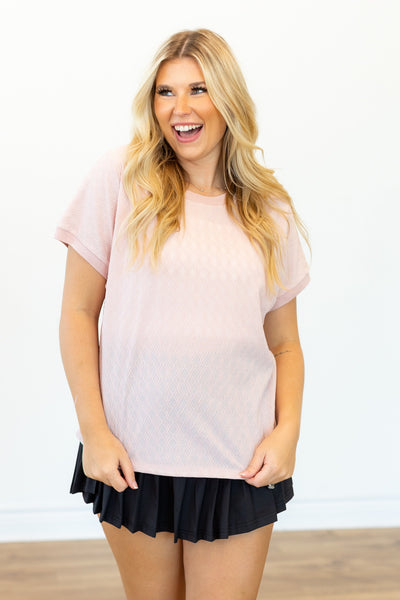 Textured Fabric Crew Neck Top, Light Pink