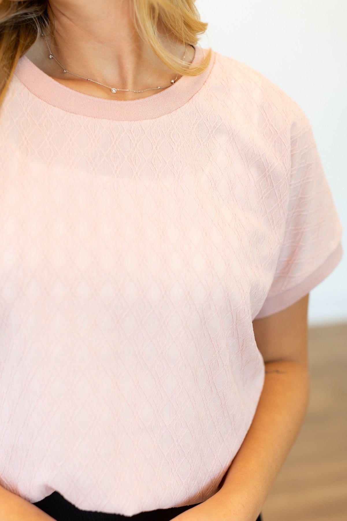 Textured Fabric Crew Neck Top, Light Pink