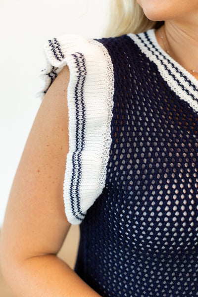 Navy Sweater Vest with White Stripes