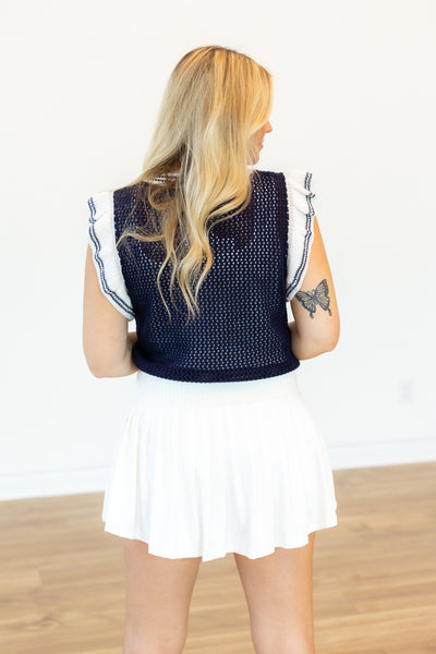 Navy Sweater Vest with White Stripes