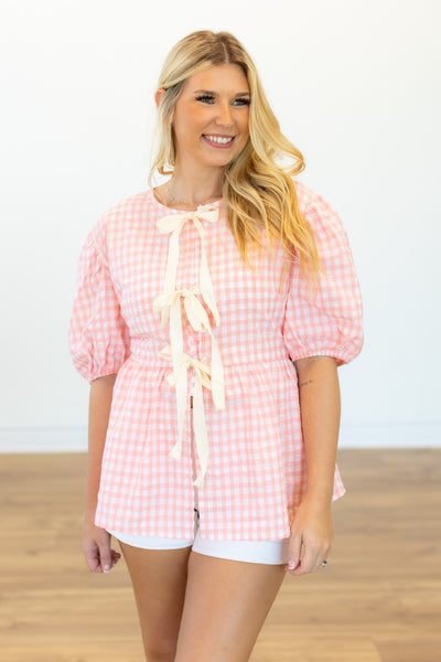 Gingham Blouse With Bows, Pink