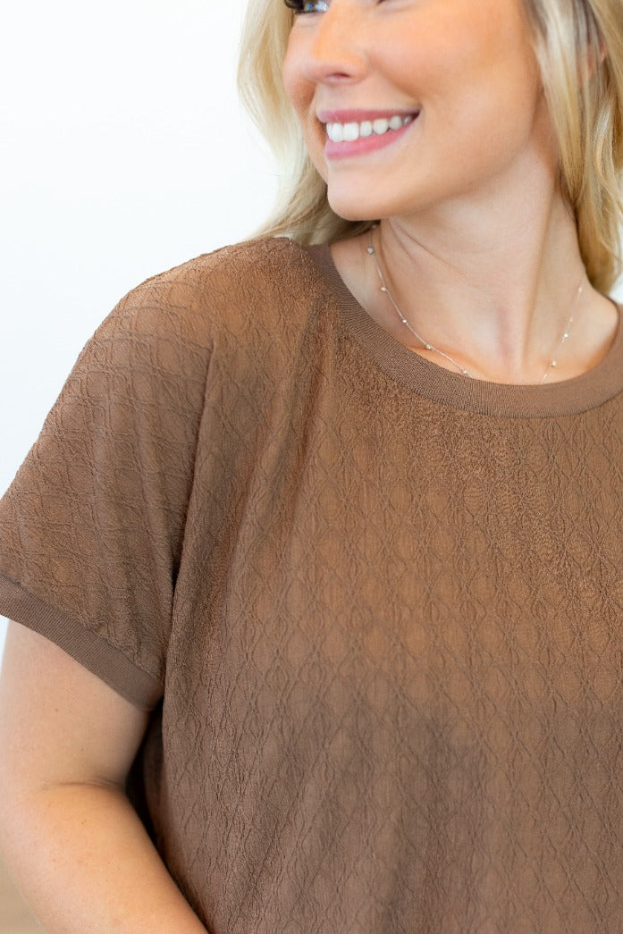 Textured Fabric Crew Neck Top, Brown