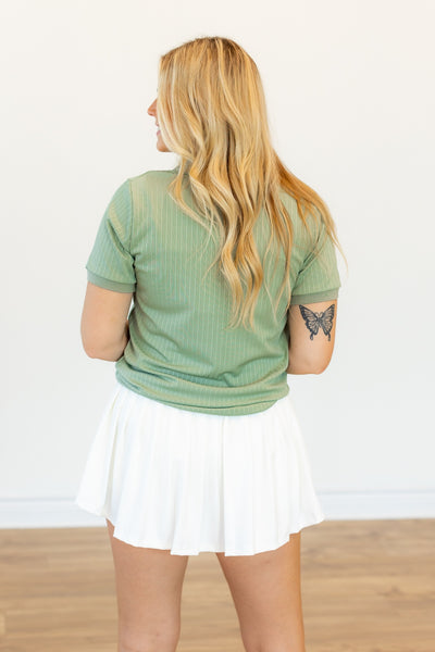 Rib Knit Polo Top, Sage Green