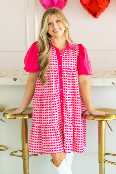 Pink Gingham Button-Up Dress