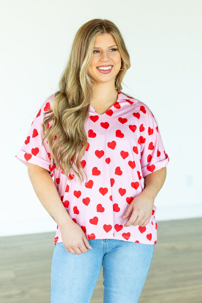 Cara Collared Top, Heart Print