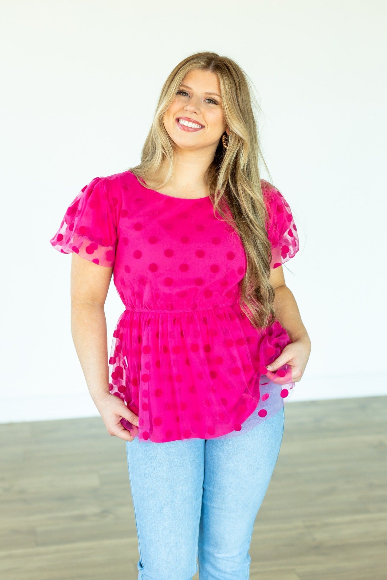 Polka Dot Mesh Peplum Blouse